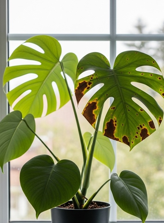 a monstera plant with brown spotted foliage on a windowsill