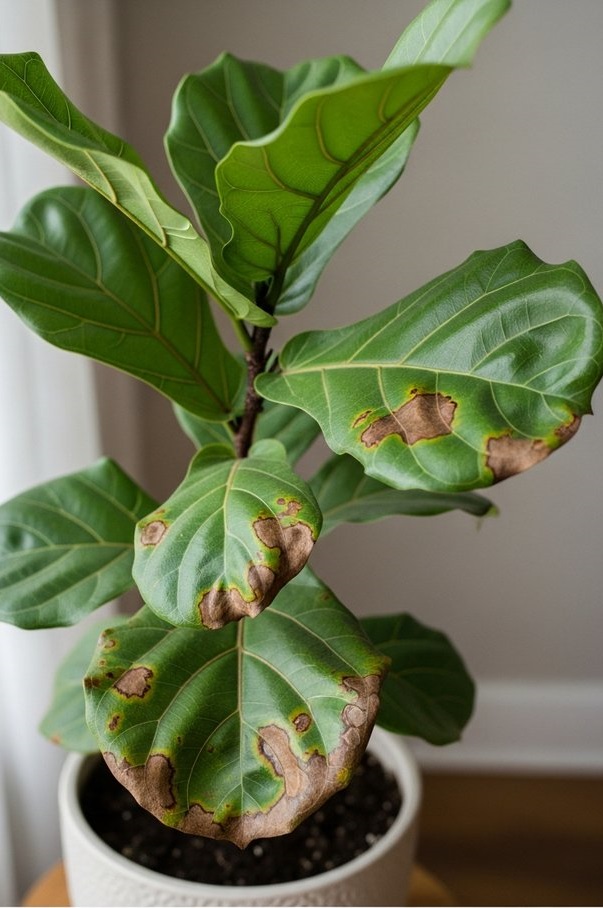 a fiddle leaf fig plant with several leaves showing brown spot damage