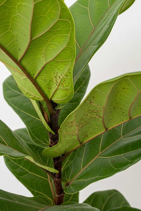 close-up of fiddle leaf fig leaves showing stippling from pest damage