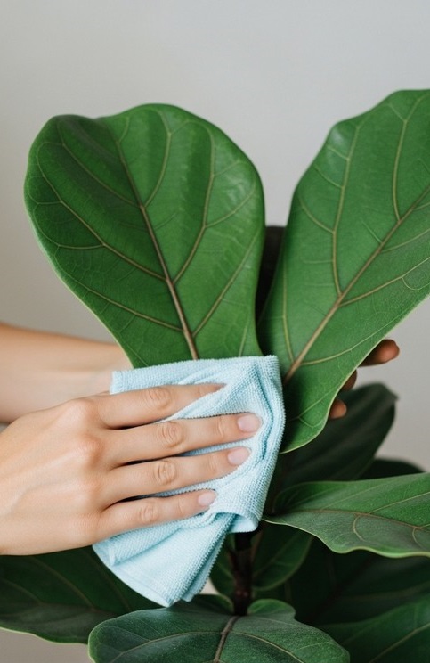 Close-up of a pair of hands gently wiping a large fiddle leaf fig leaf with a so, for clean fiddle leaf fig leaves