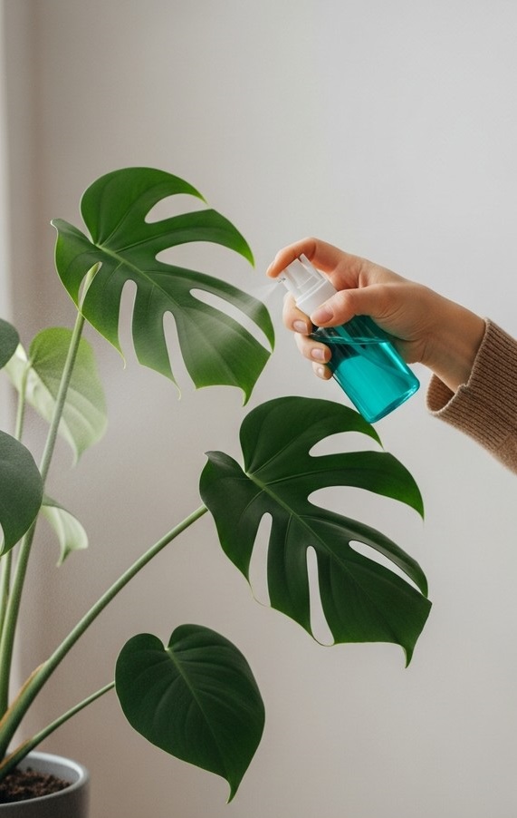 A person holding a small spray bottle and misting the leaves of a common houseplant
