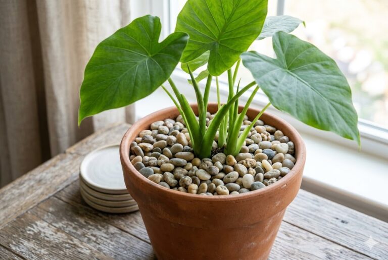 Close-up of the top of a potted houseplant showing small decorative rocks on the potted plant