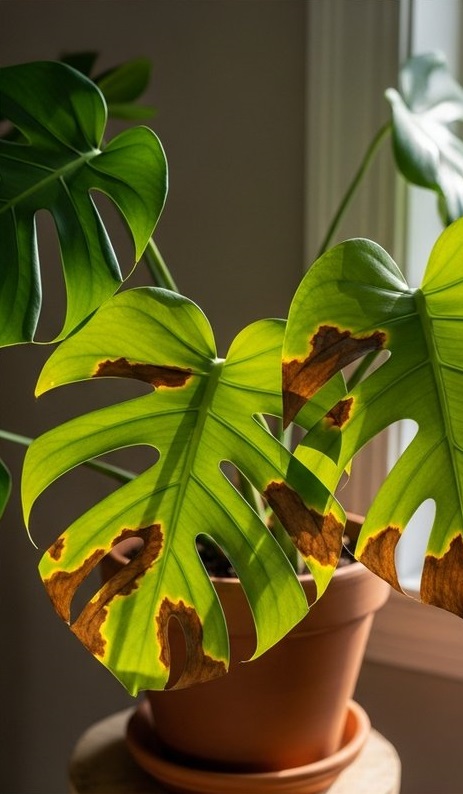 a monstera plant with several leaves showing brown spot damage