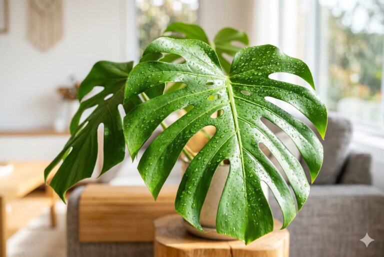 Close-up of a large dripping monstera leaf with water droplets on it
