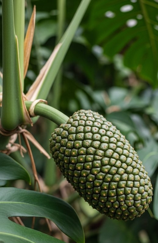 Close-up of a monstera deliciosa fruit growing on a large monstera plant outdoor