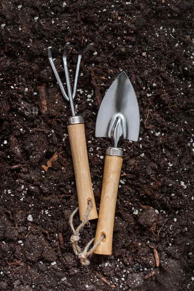 garden tools on soil