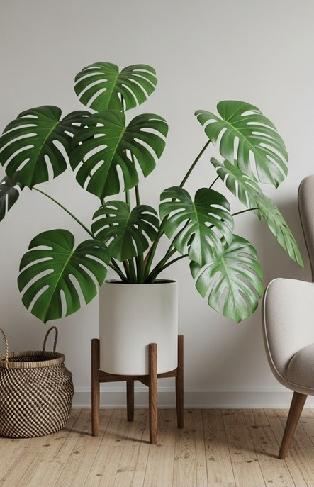 a monstera plant in a stylish living room corner next to seating, for monstera plant benefits