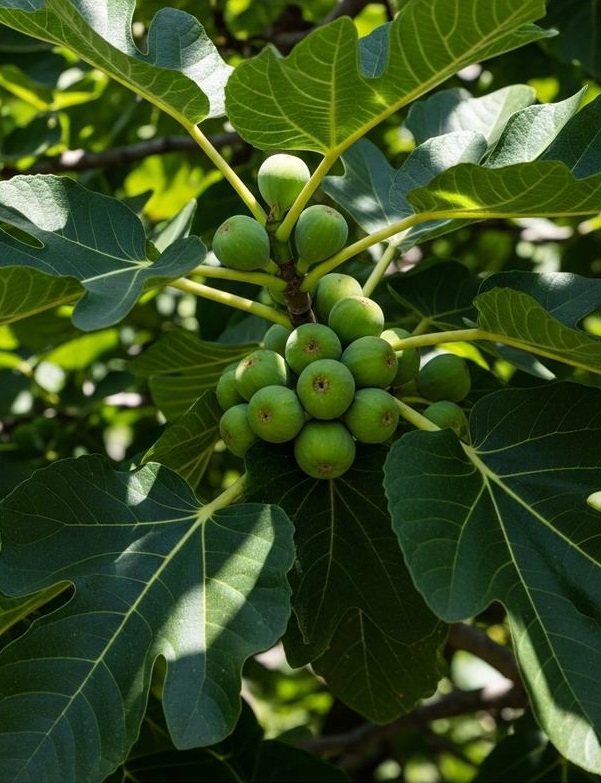 Close-up of fiddle leaf fig fruit growing on a large fiddle leaf fig tree outdoors