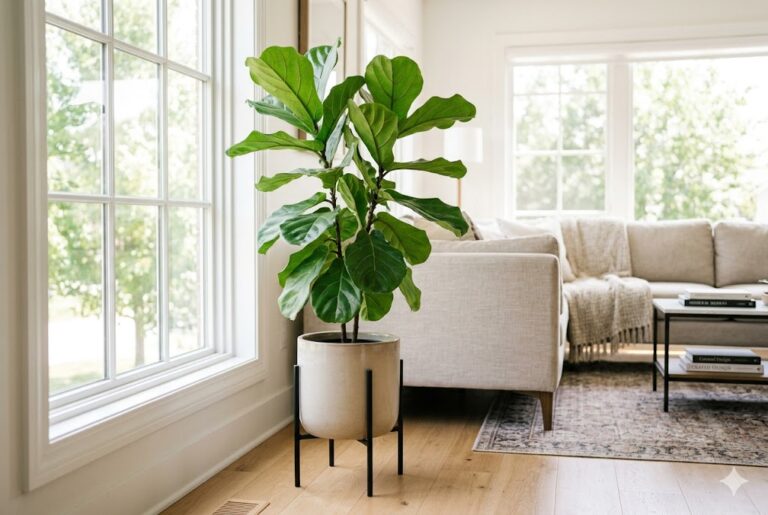 a large healthy fiddle leaf fig plant in a bright airy living room, for fiddle leaf fig benefits