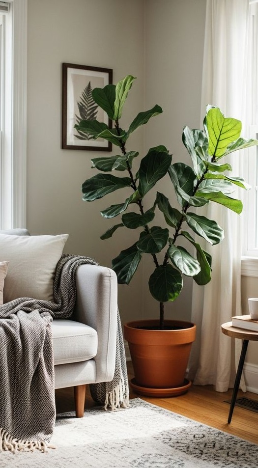 a fiddle leaf fig plant in a stylish living room corner next to seating, for fiddle leaf fig benefits