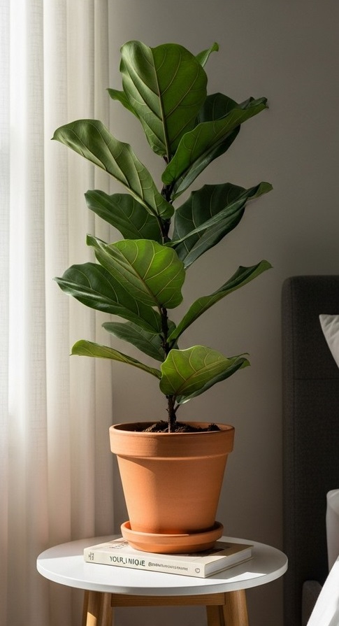 a fiddle leaf fig plant on a bedside table in a cosy bedroom setting, for fiddle leaf fig benefits