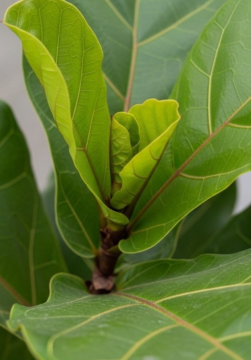 Close-up of the top of a fiddle leaf fig plant showing new leaves