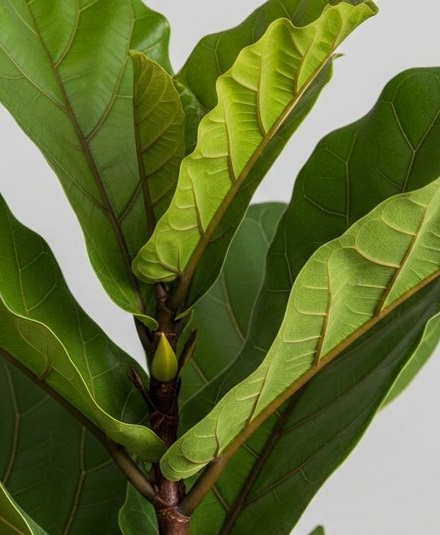 Close-up of the top of a fiddle leaf fig plant showing new leaves