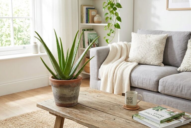 a large healthy aloe vera plant in a bright airy living room, for aloe vera plant benefits