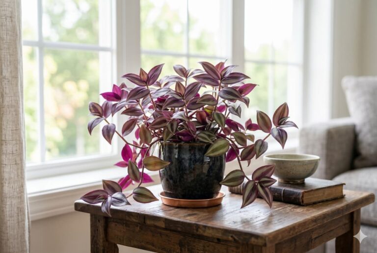 a well cared for wandering jew plant displayed in a bright modern living room