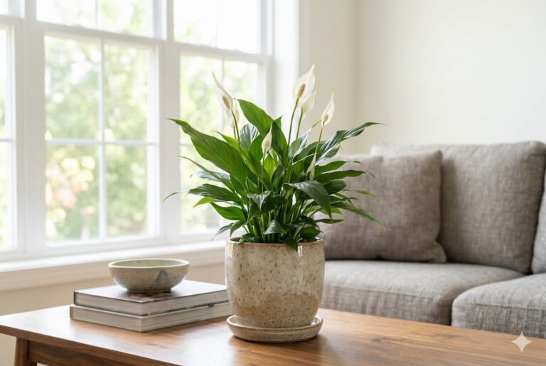 a well cared for peace lily plant displayed in a bright modern living room