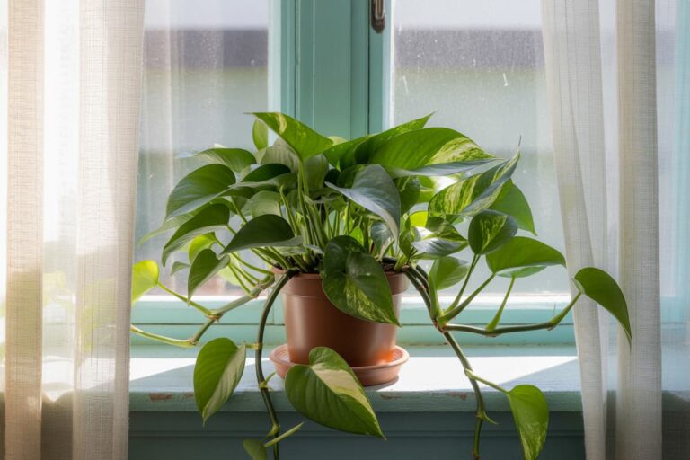 Thriving pothos on a windowsill with vines trailing down, a sign of proper summer care for pothos