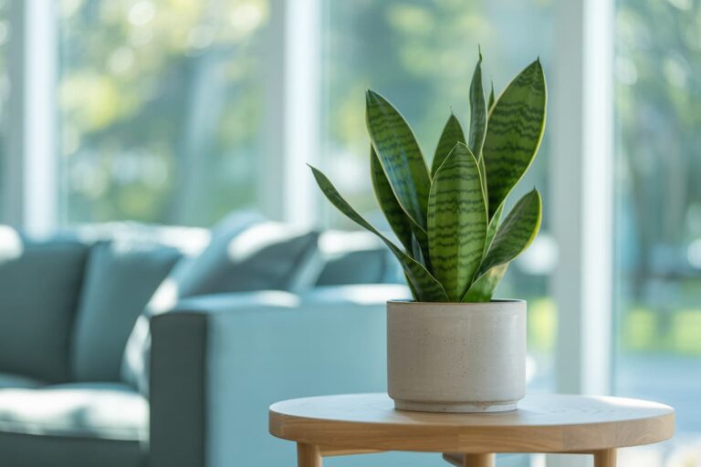 Snake plant in a minimalist living space with bright summer light, representing easy-to-care-for summer houseplants