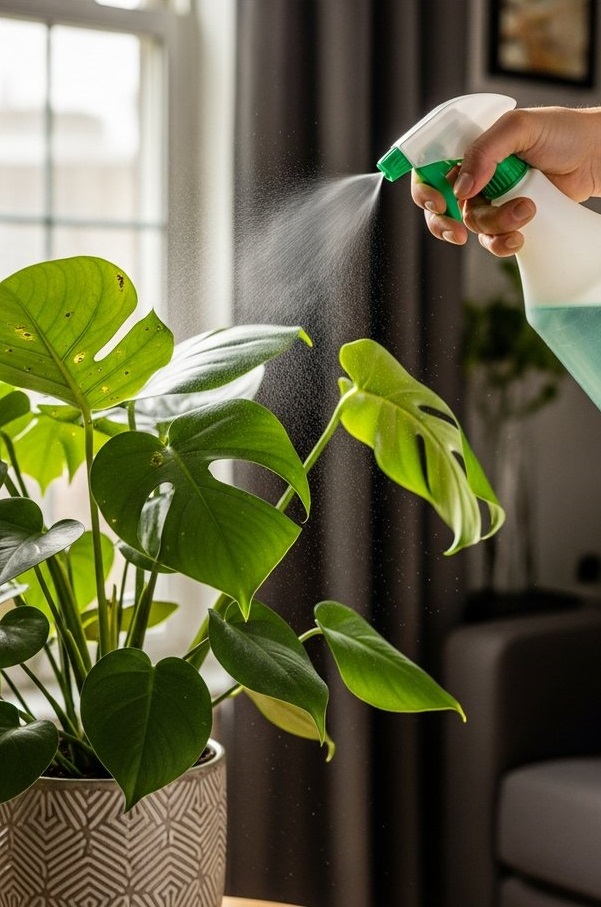 a houseplant foliage plant being treated with a spray bottle for pests, for avoid thrips houseplants