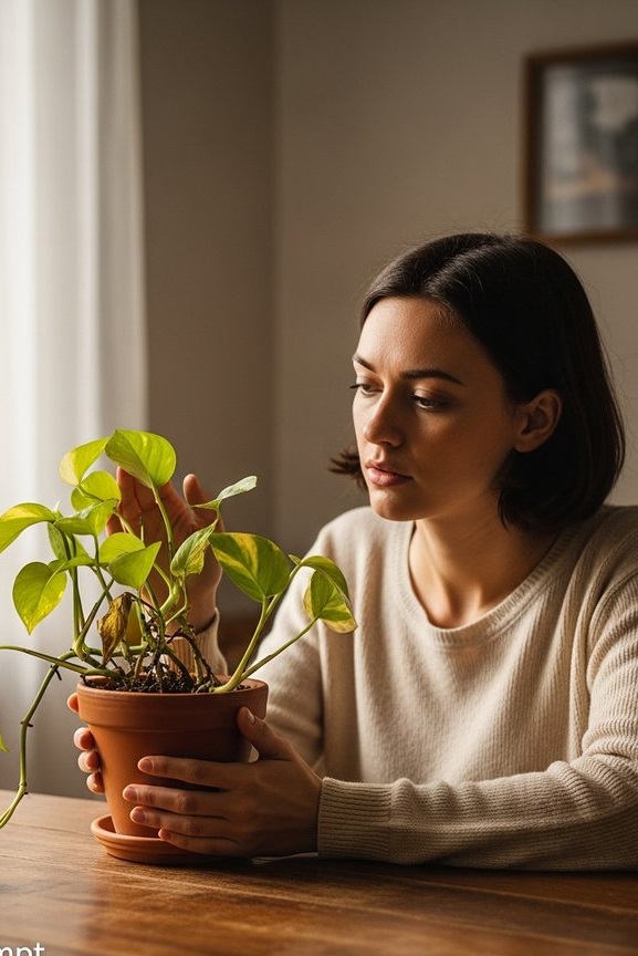 A slightly stressed pothos houseplant