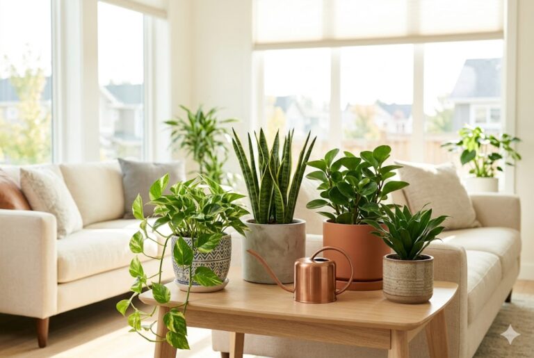 Healthy houseplants that need no drainage in a bright living room