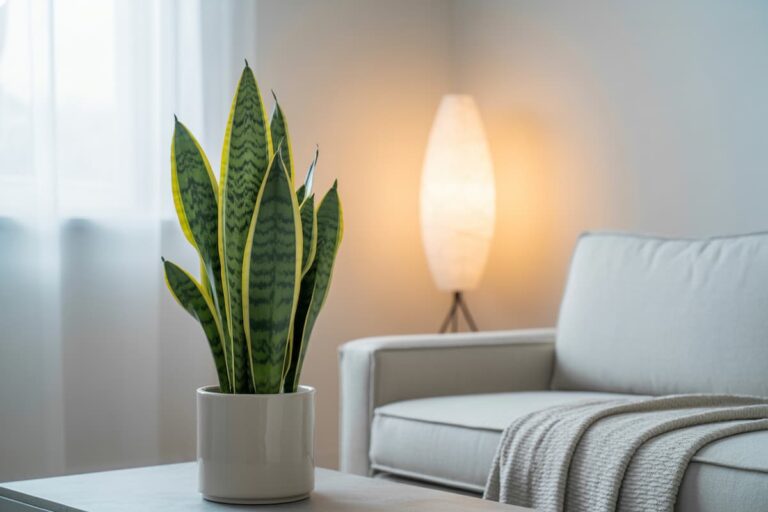 Snake plant in a white pot on a table, highlighting the risk of using pots for houseplants with no drainage holes