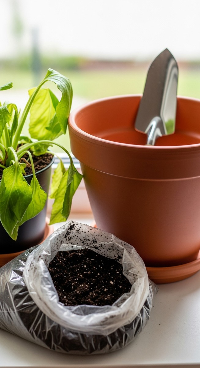 a add calcium plant next to a larger pot and fresh potting soil ready to repot, for add calcium to soil