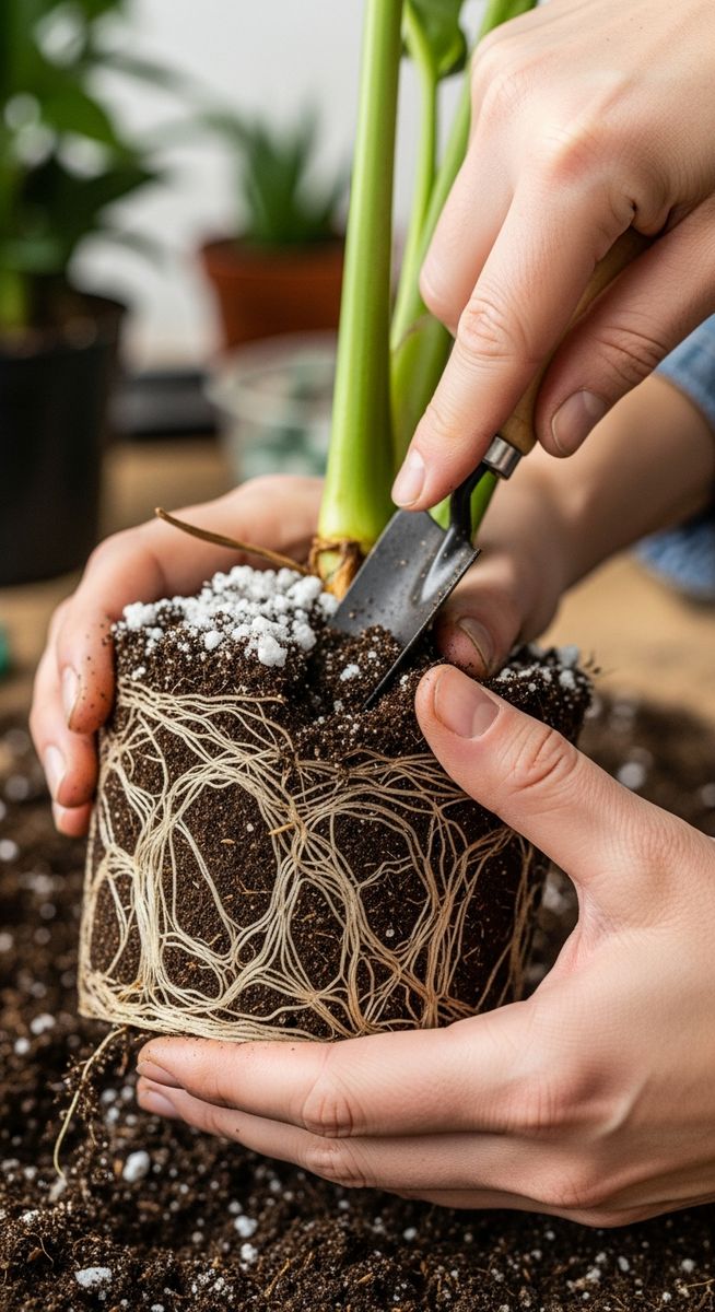 hands loosening compacted soil around a add calcium root ball