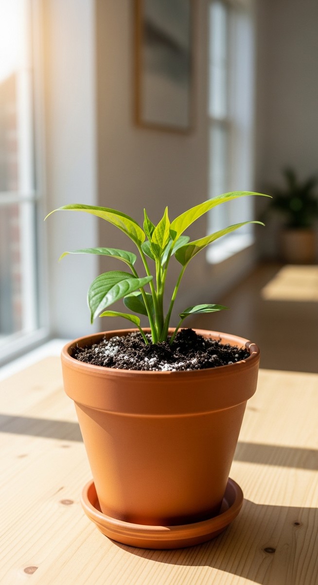 a freshly repotted add calcium plant in a new pot with fresh soil, for add calcium to soil