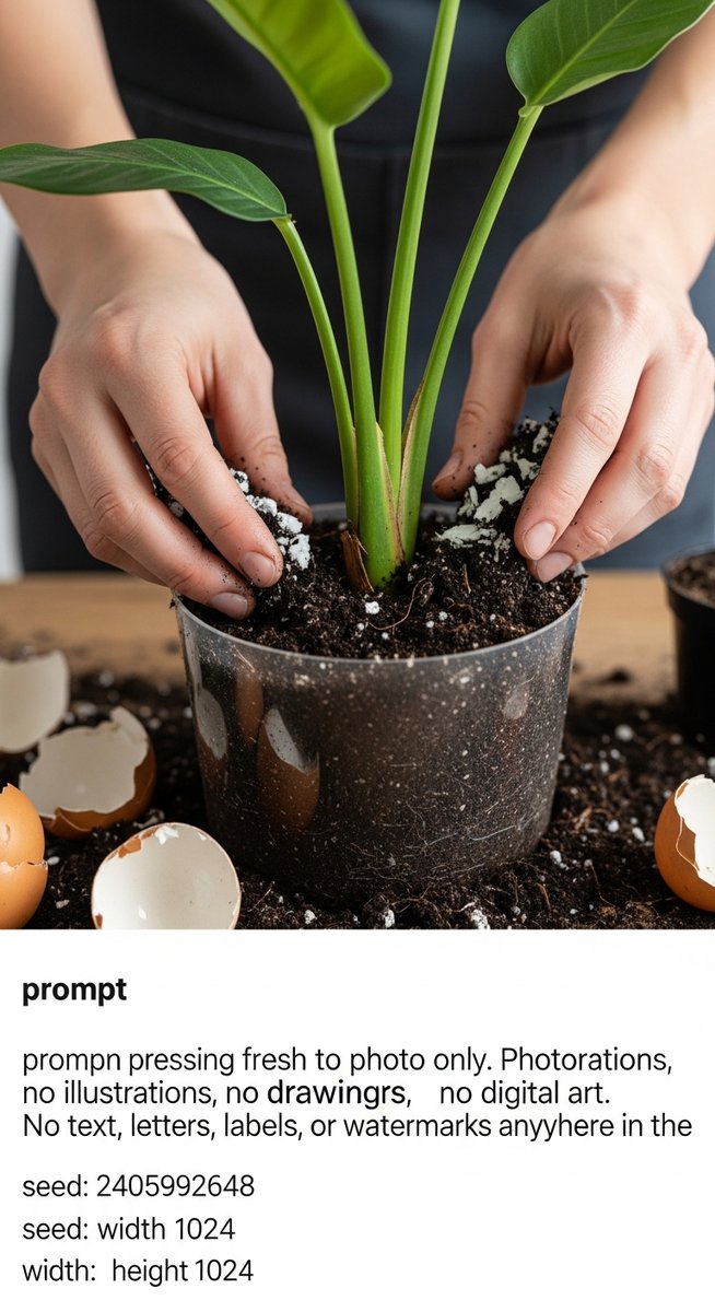 hands pressing fresh soil around a add calcium plant in its new pot