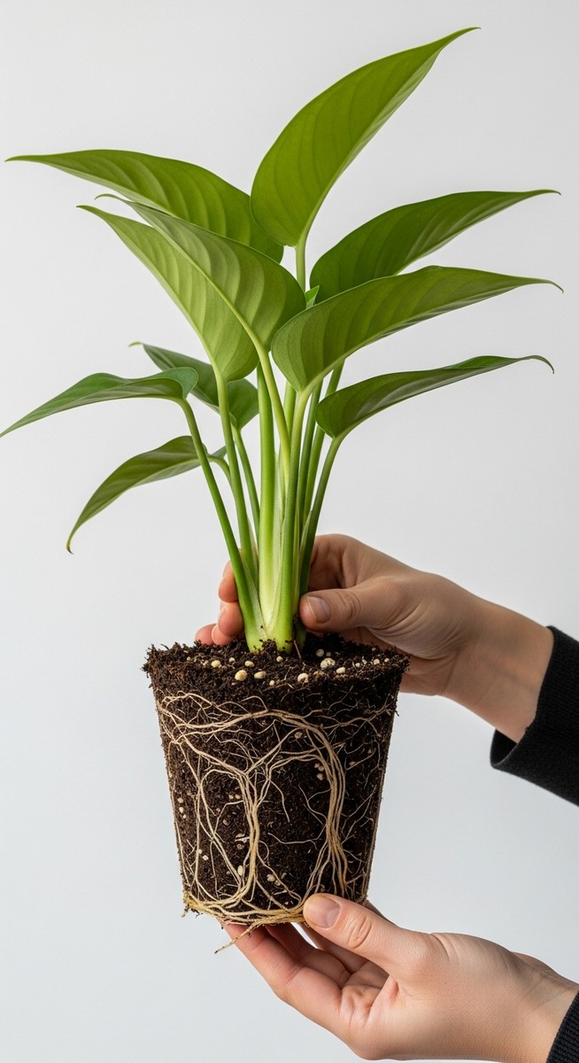 a add calcium plant held with roots visible ready to go into a new pot, for add calcium to soil