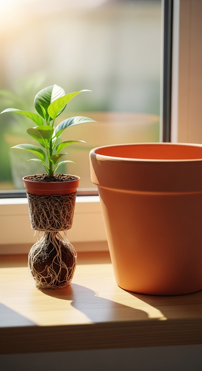 a add calcium plant in a small pot beside a larger empty pot