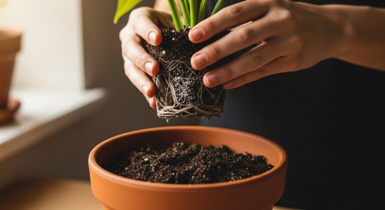 hands repotting a add calcium plant into a larger pot with fresh soil, for add calcium to soil