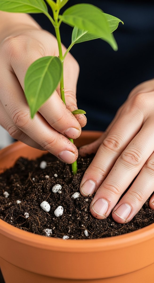 hands pressing fresh soil around a add calcium plant in its new pot