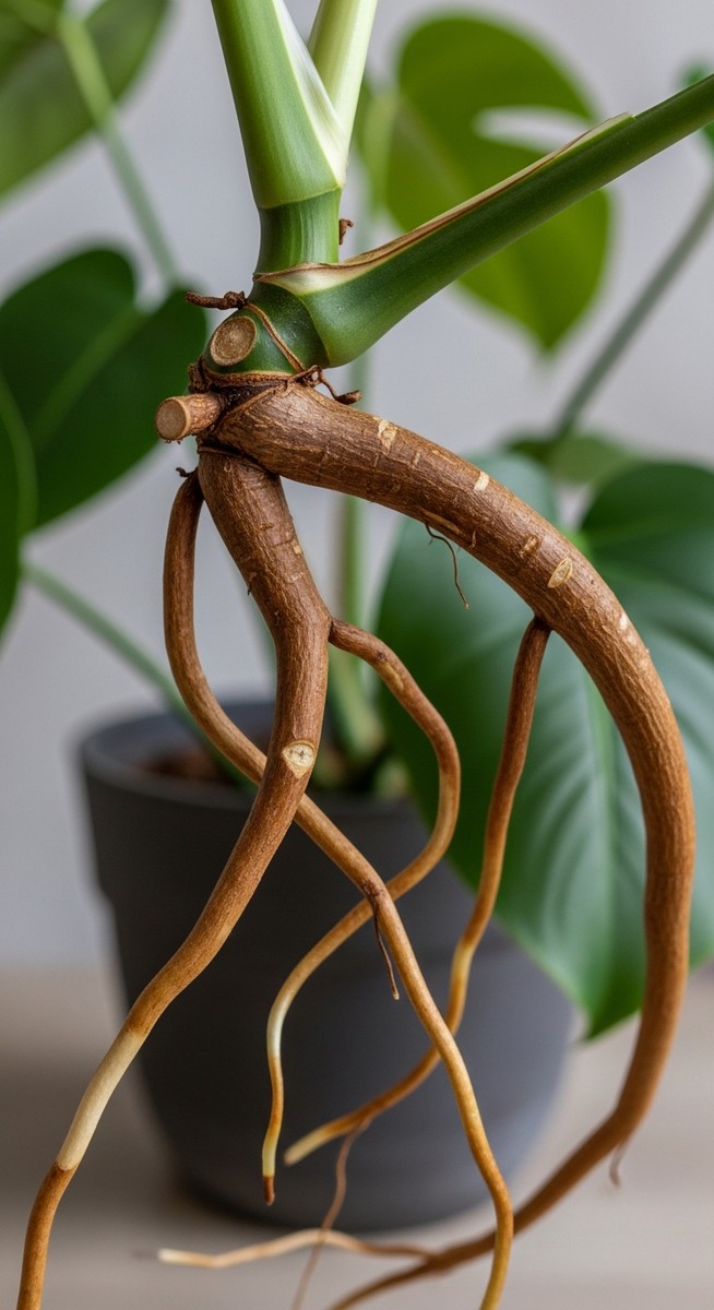 Close-up of thick brown aerial roots growing out from the stem of a monstera pla