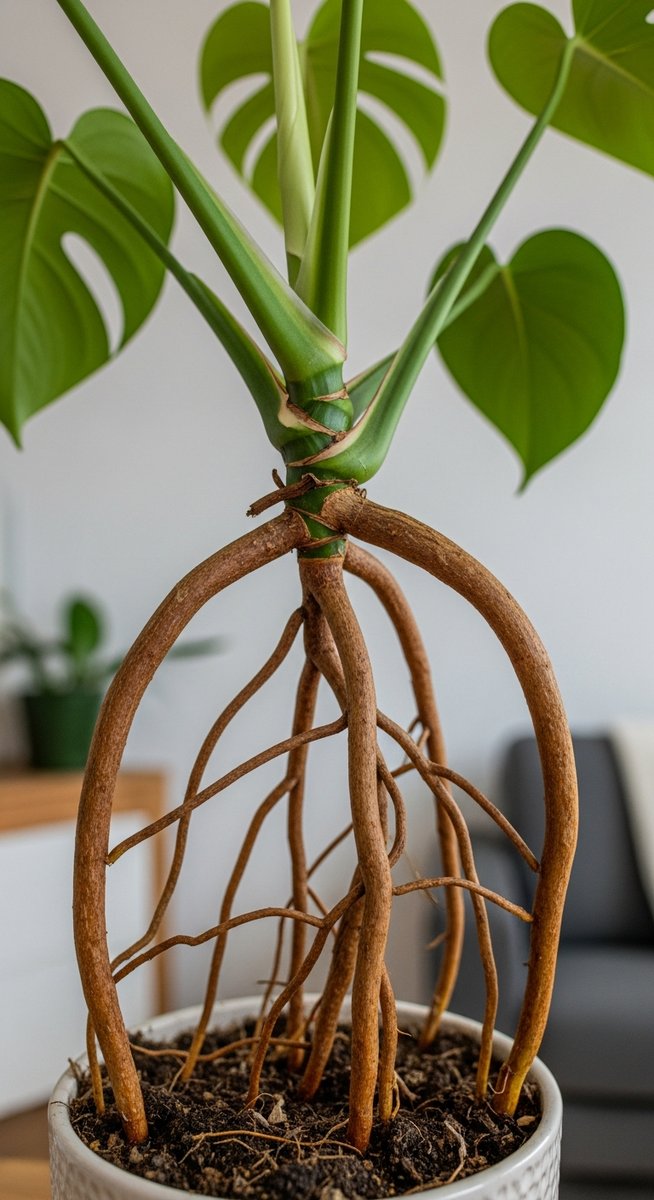 Close-up of thick brown aerial roots growing out from the stem of a monstera pla