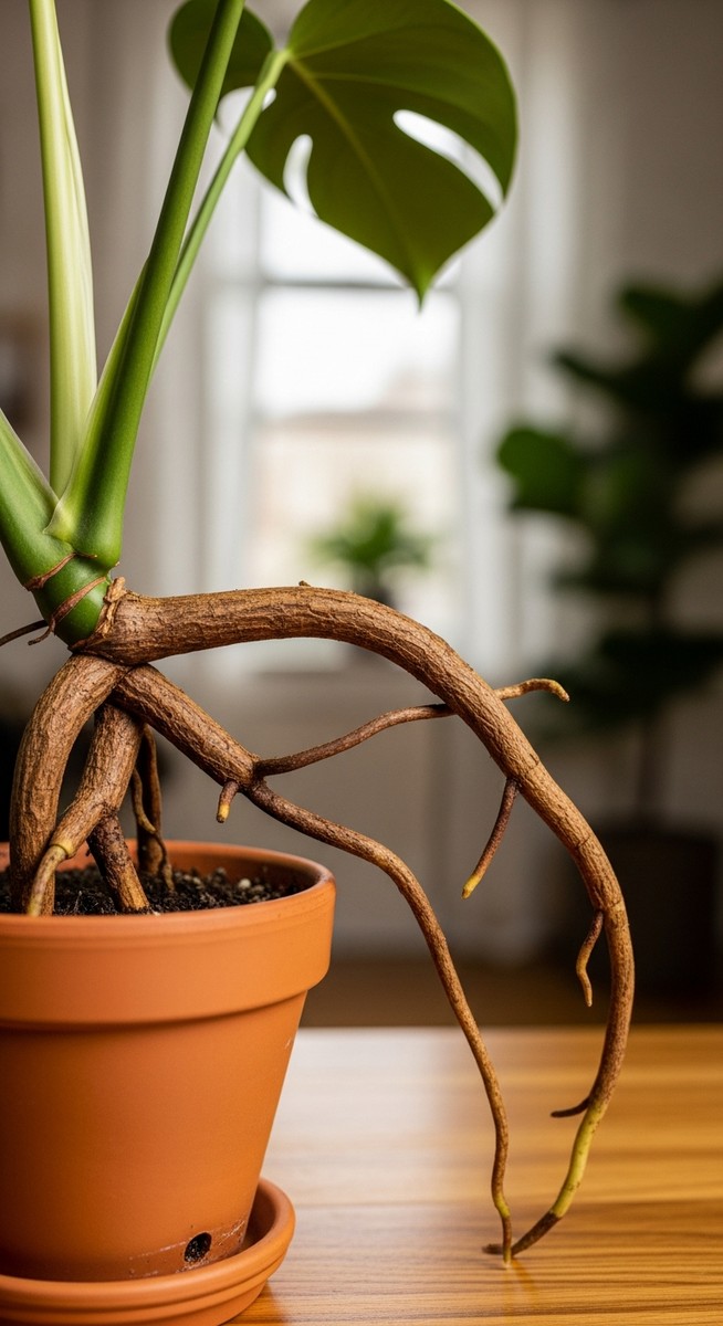 Close-up of thick brown aerial roots growing out from the stem of a monstera pla, for aerial roots monstera