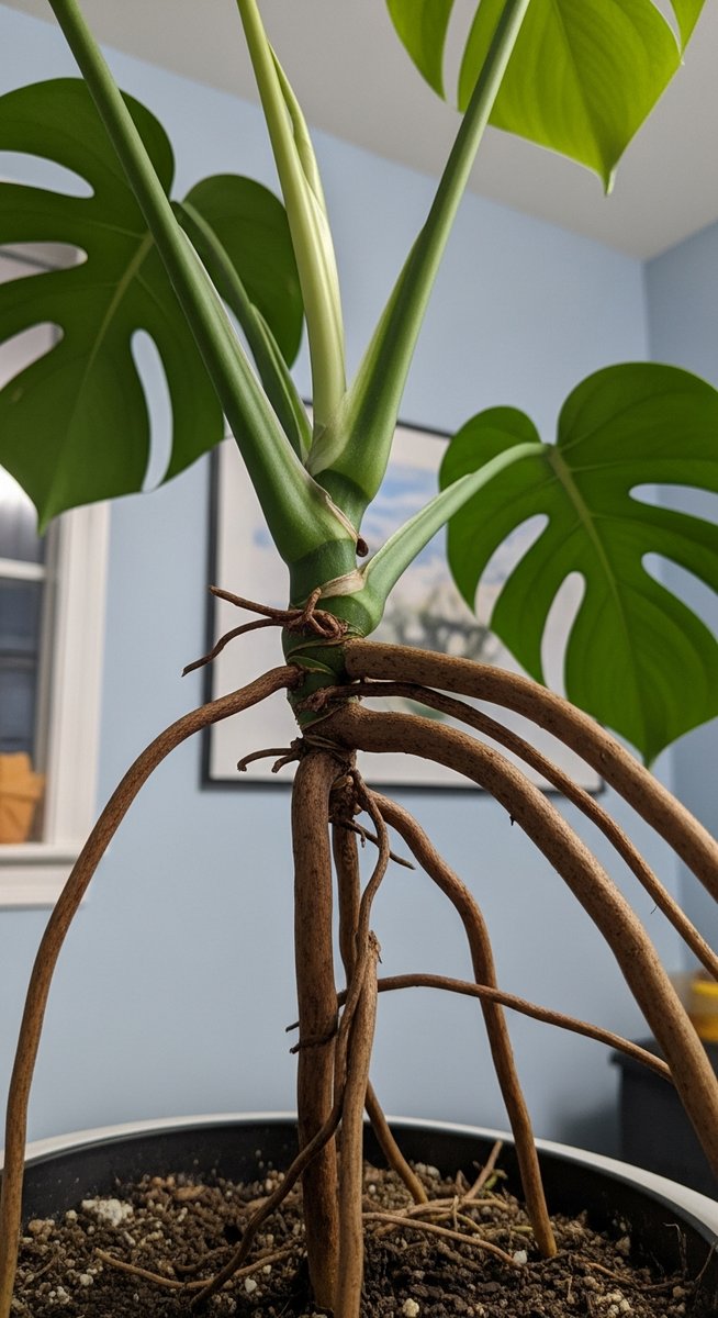 Close-up of thick brown aerial roots growing out from the stem of a monstera pla