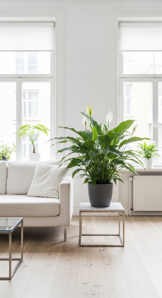 A lush healthy houseplant such as a peace lily or snake plant in a bright modern, for air purifying plants