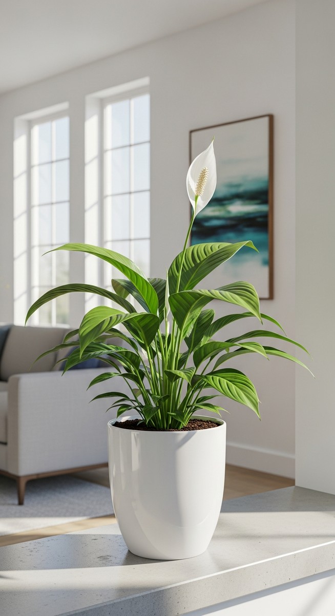 A lush healthy houseplant such as a peace lily or snake plant in a bright modern