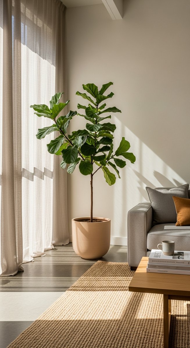 A lush healthy houseplant such as a peace lily or snake plant in a bright modern, for air purifying plants