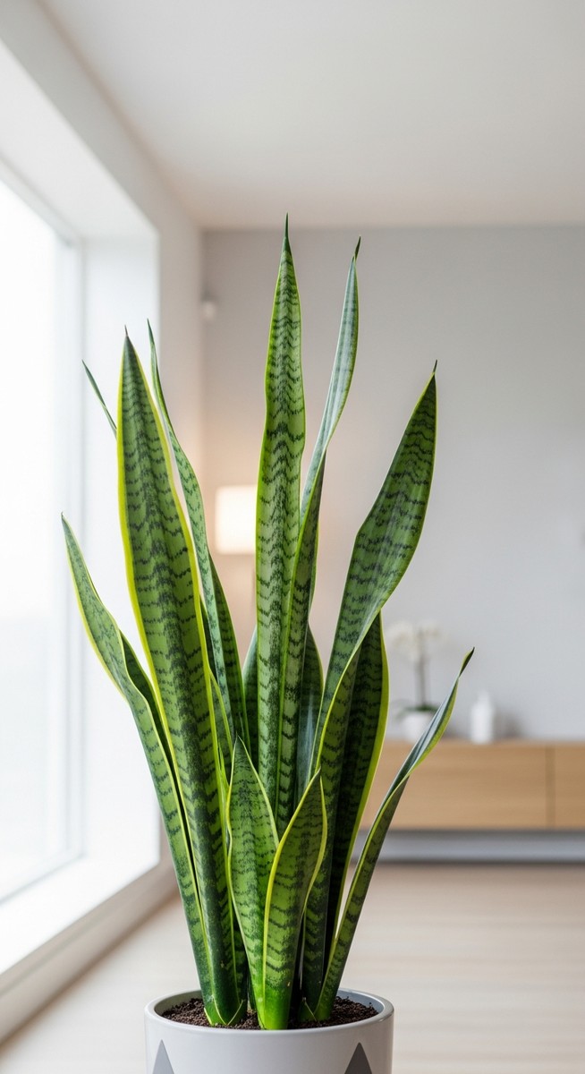 A lush healthy houseplant such as a peace lily or snake plant in a bright modern