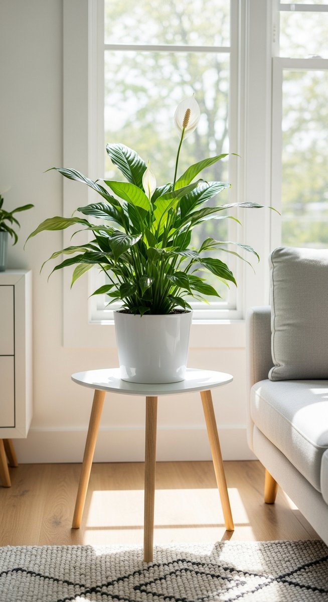 A lush healthy houseplant such as a peace lily or snake plant in a bright modern, for air purifying plants
