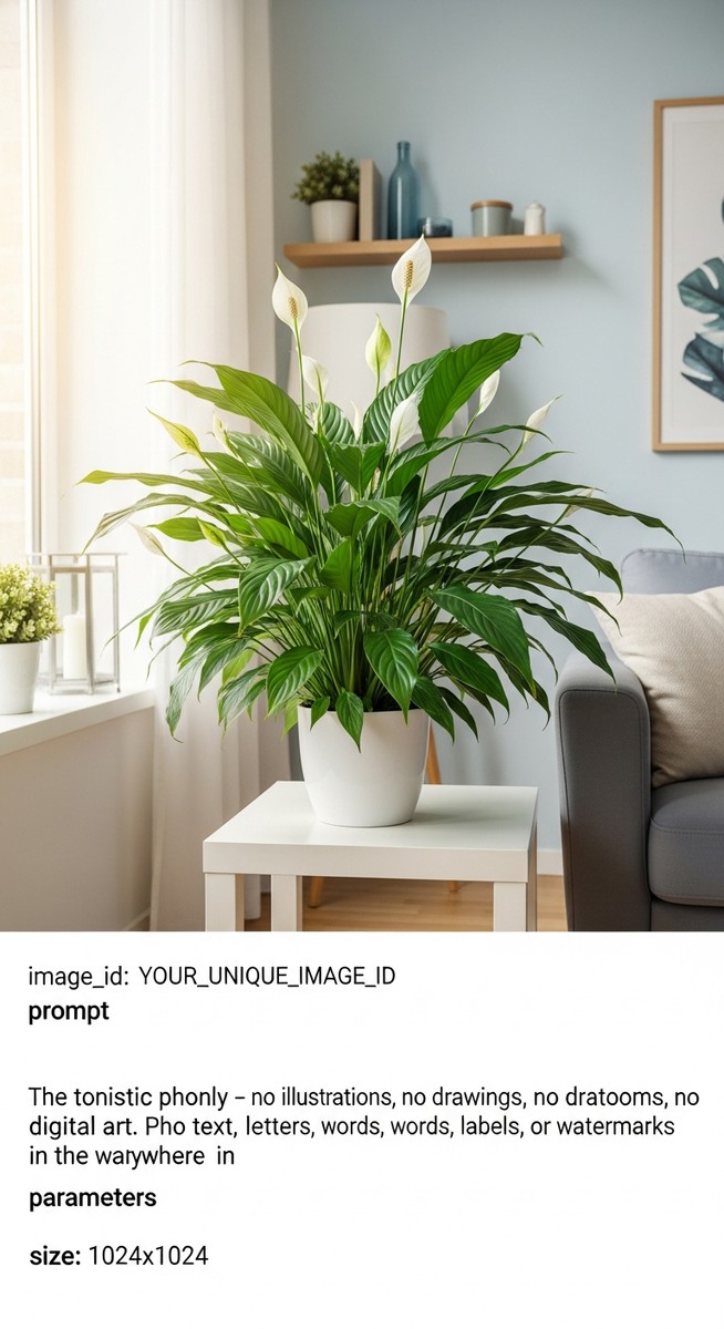 A lush healthy houseplant such as a peace lily or snake plant in a bright modern