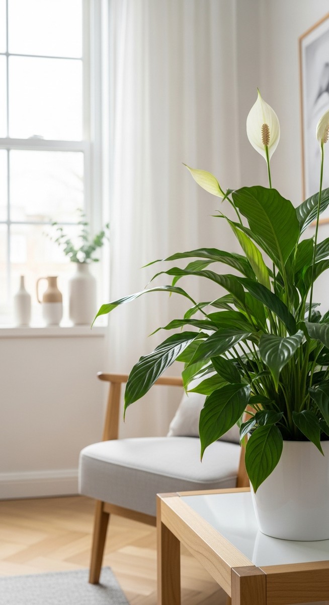 A lush healthy houseplant such as a peace lily or snake plant in a bright modern, for air purifying plants