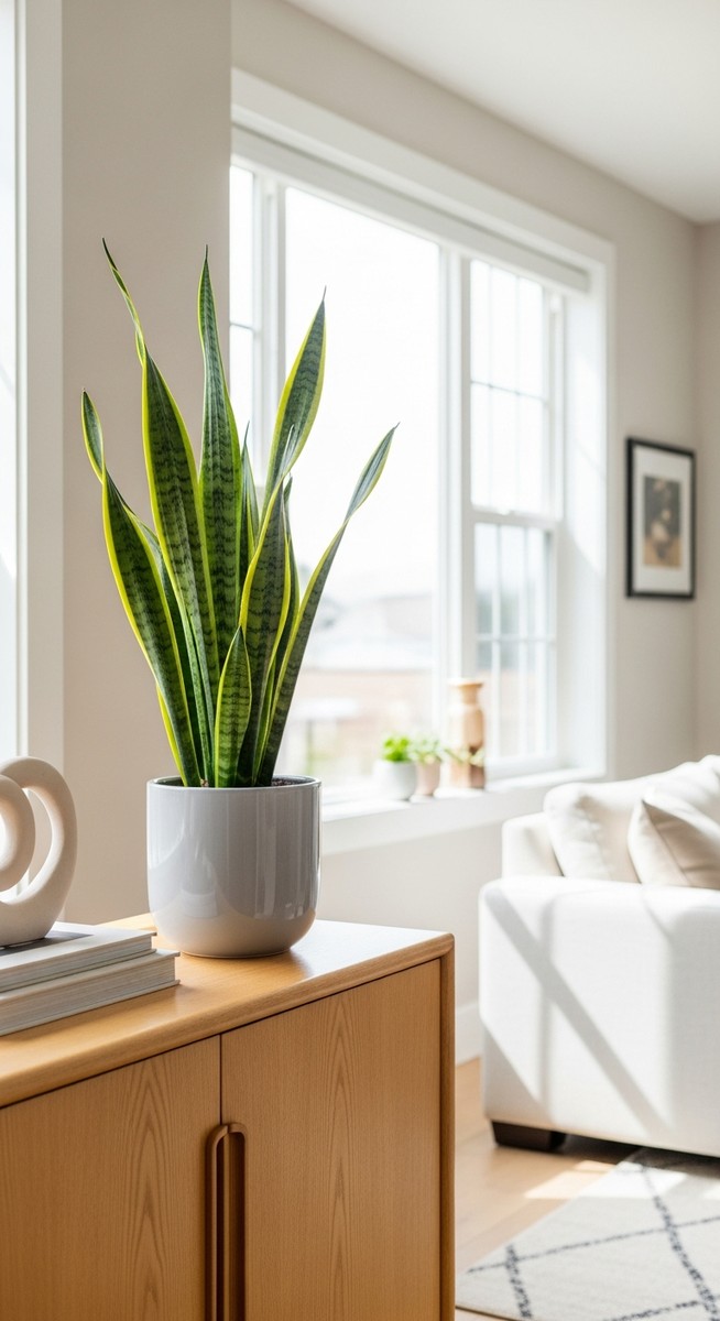 A lush healthy houseplant such as a peace lily or snake plant in a bright modern