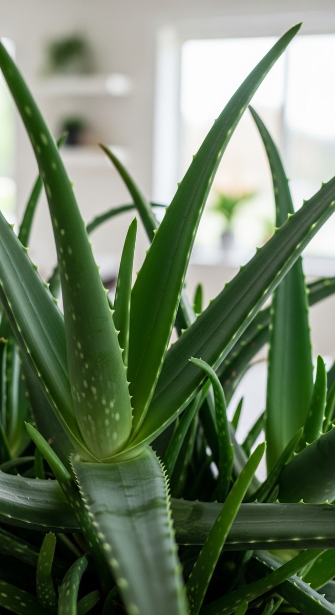 close-up of aloe vera leaves looking lush in a bright home interior