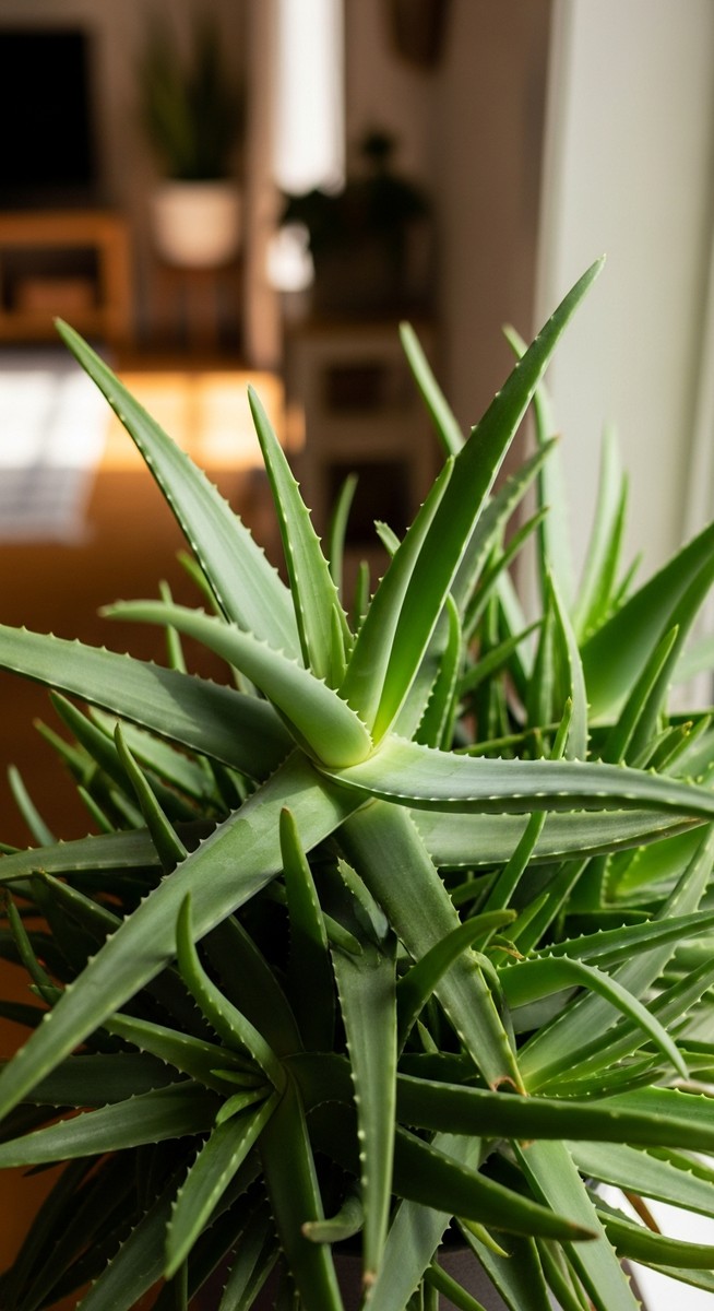 a aloe vera thriving in a bright home interior, for aloe vera light needs