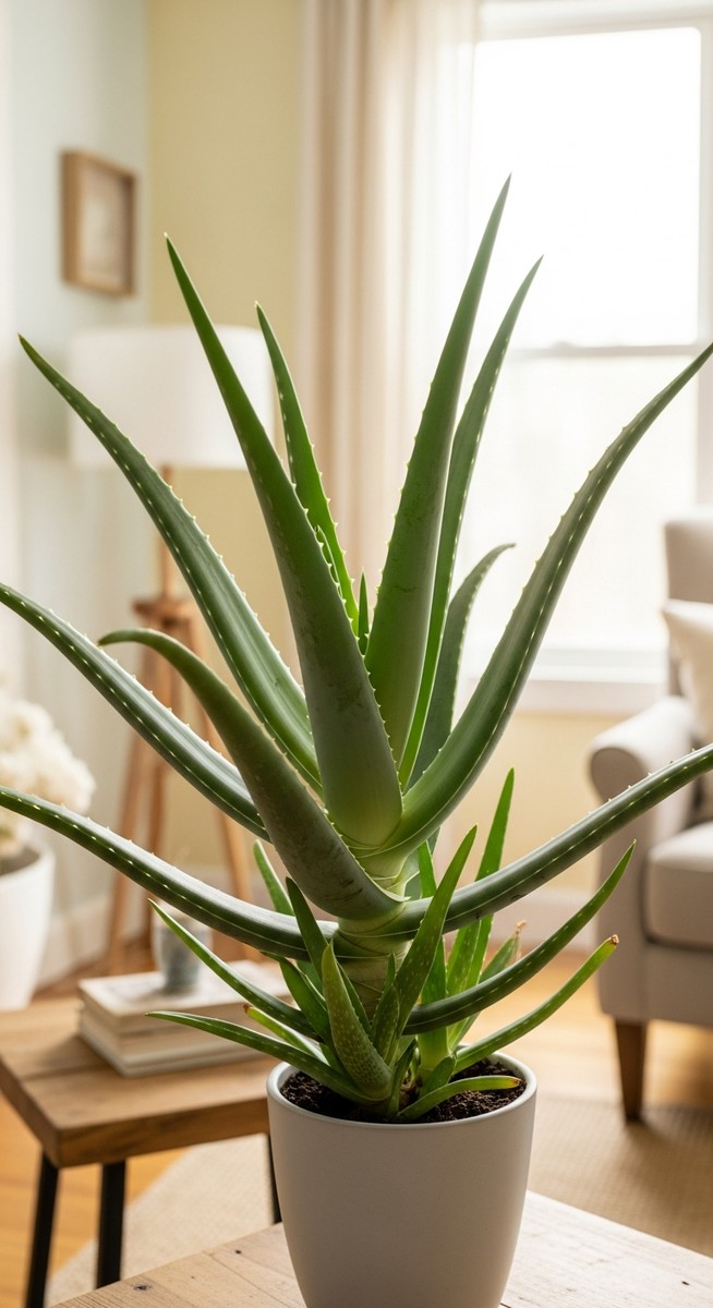 wide shot of a aloe vera positioned in a bright home interior