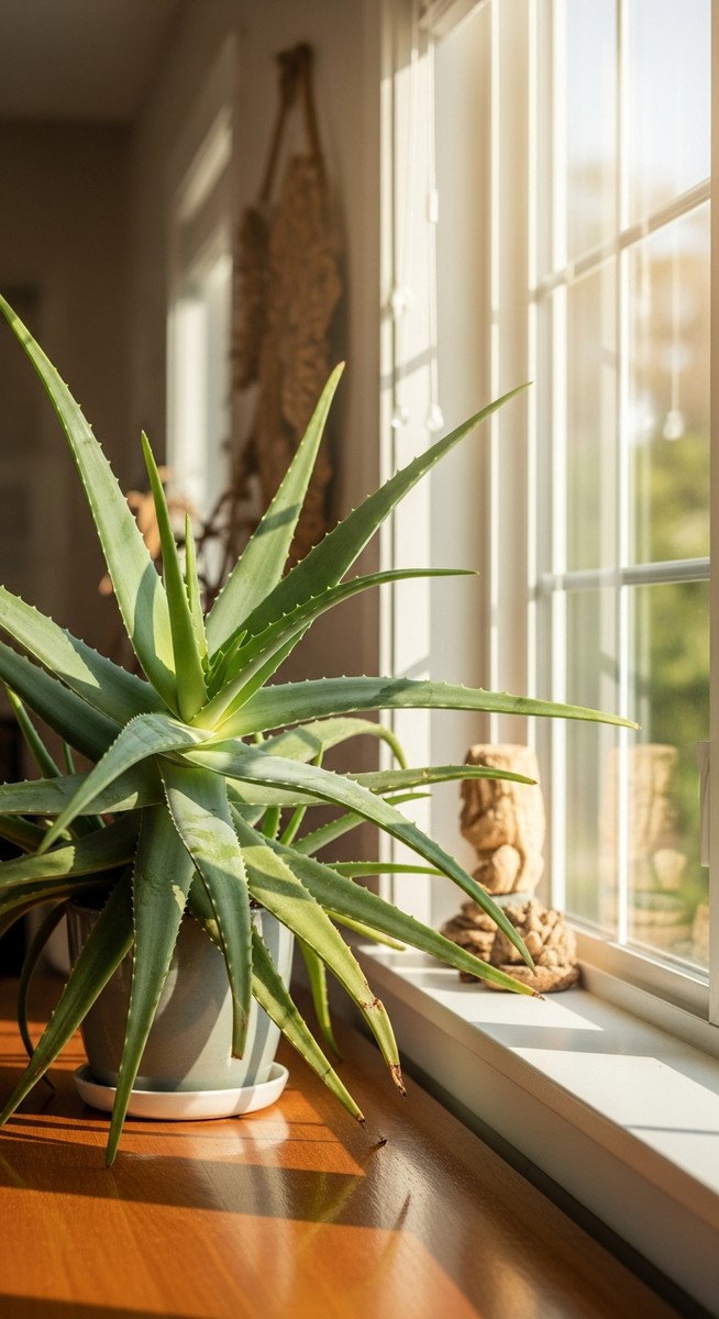 a aloe vera growing toward the light source in a bright home interior, for aloe vera light needs